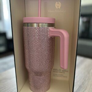 House of Harlow 1960 Bling Rhinestone Crystal Water Tumbler Cup with Straw Pink